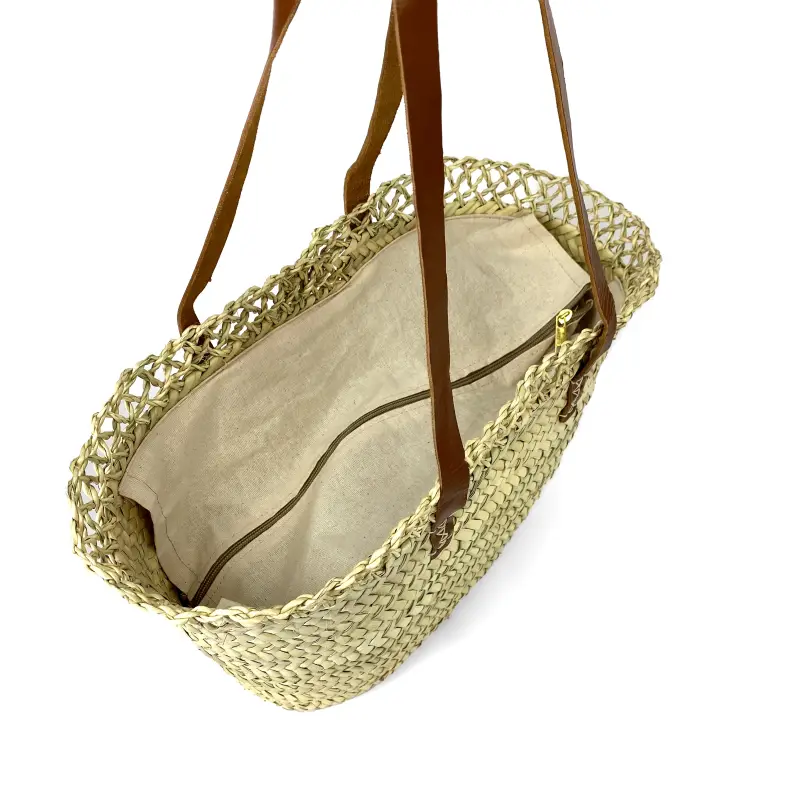 Capazo con asas largas de cuero y cierre de cremallera